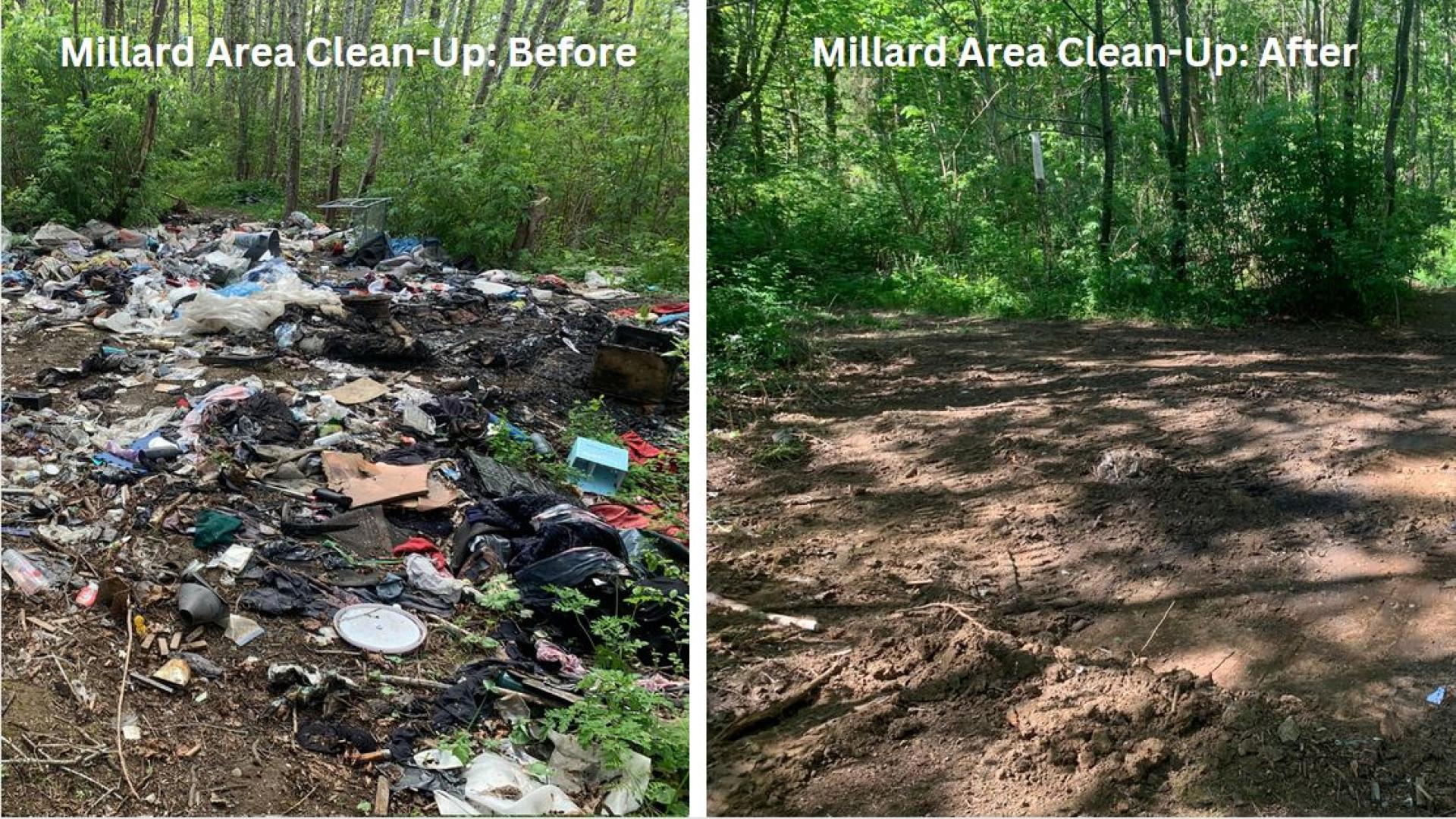 Millard area before and after garbage cleanup. In the before side, there is garbage spread throughout a dirt path. In the after section, the dirt path is free of garbage.