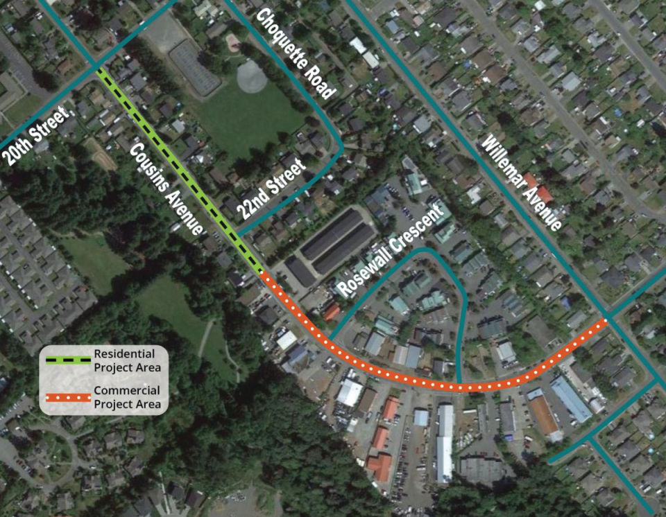 Map showing the residential and commercial project areas for the Cousins Avenue Upgrades project.