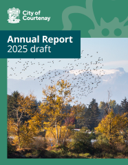 A cover of Courtenay's 2025 Annual Report with glacier and trees