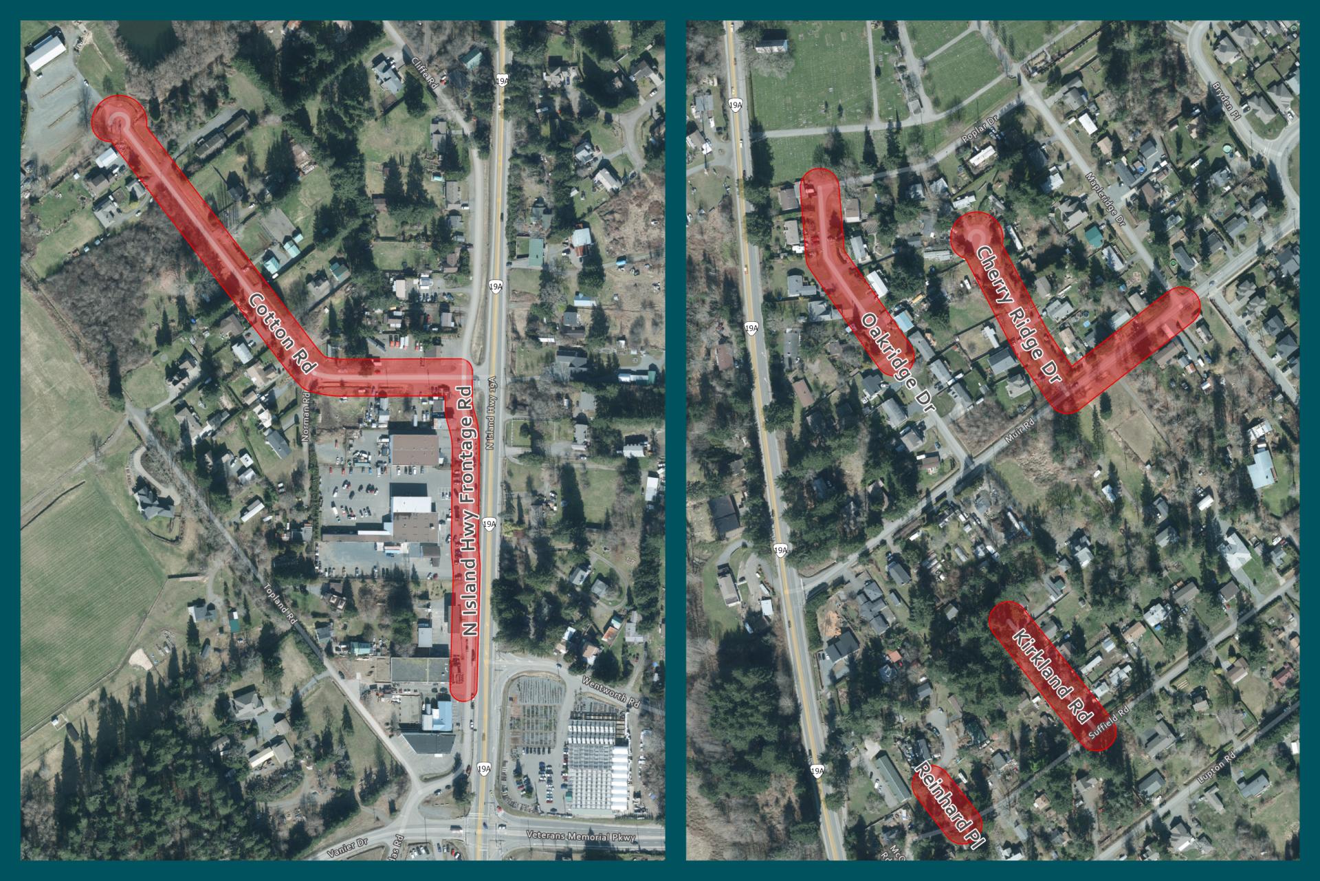 Map of Sandwick watermain upgrades areas. The project areas are highlighted in red.