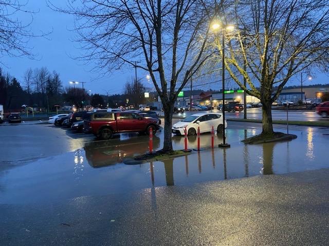 Flooded parking. There are some cars parked near the flooded area.