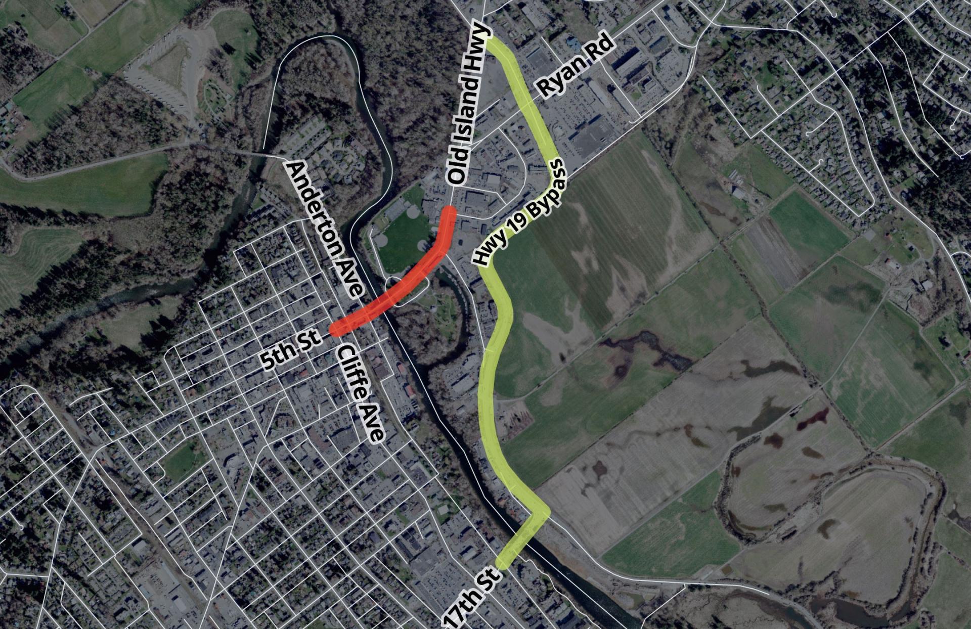 Map highlighting improvement areas for 5thStreet and 5th Street Bridge. The improvement areas are highlighted in red and yellow.