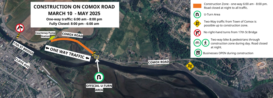 Map of Comox Road detailing closures highlighted in orange.