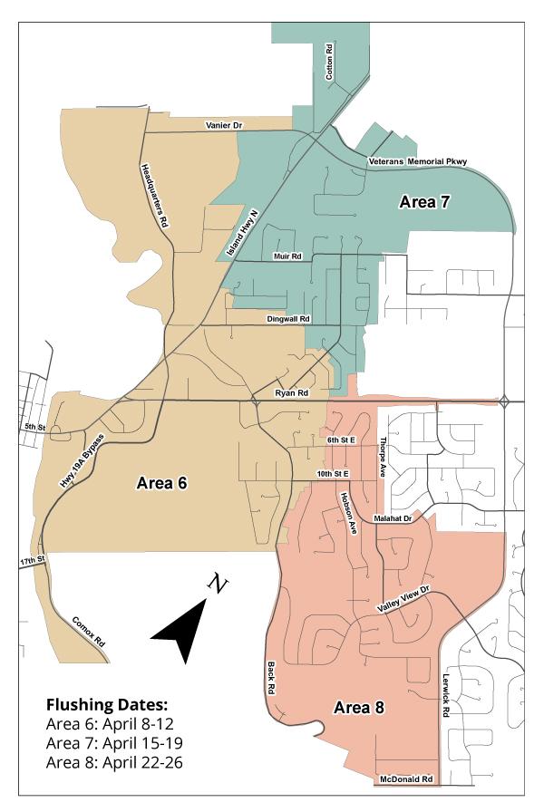 Colour coded map detailing dates and areas slated for water flushing.
