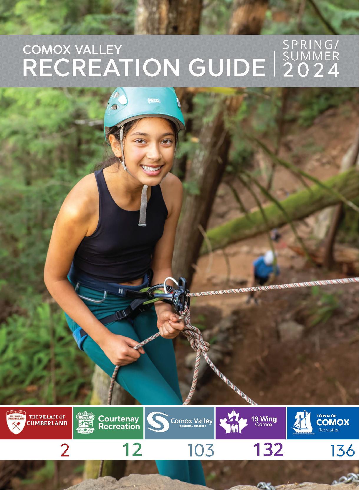 Comox Valley Recreation guide cover. There is a woman wearing protective climbing gear.