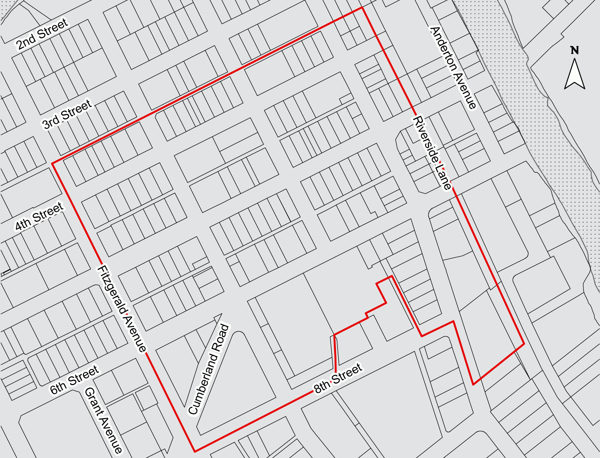 Black and white map highlighting a specific boundary in red, encompassing sections of 2nd to 8th Streets, Anderton Avenue, Fitzgerald Avenue, Cumberland Road, and surrounding blocks in a grid-like urban area.