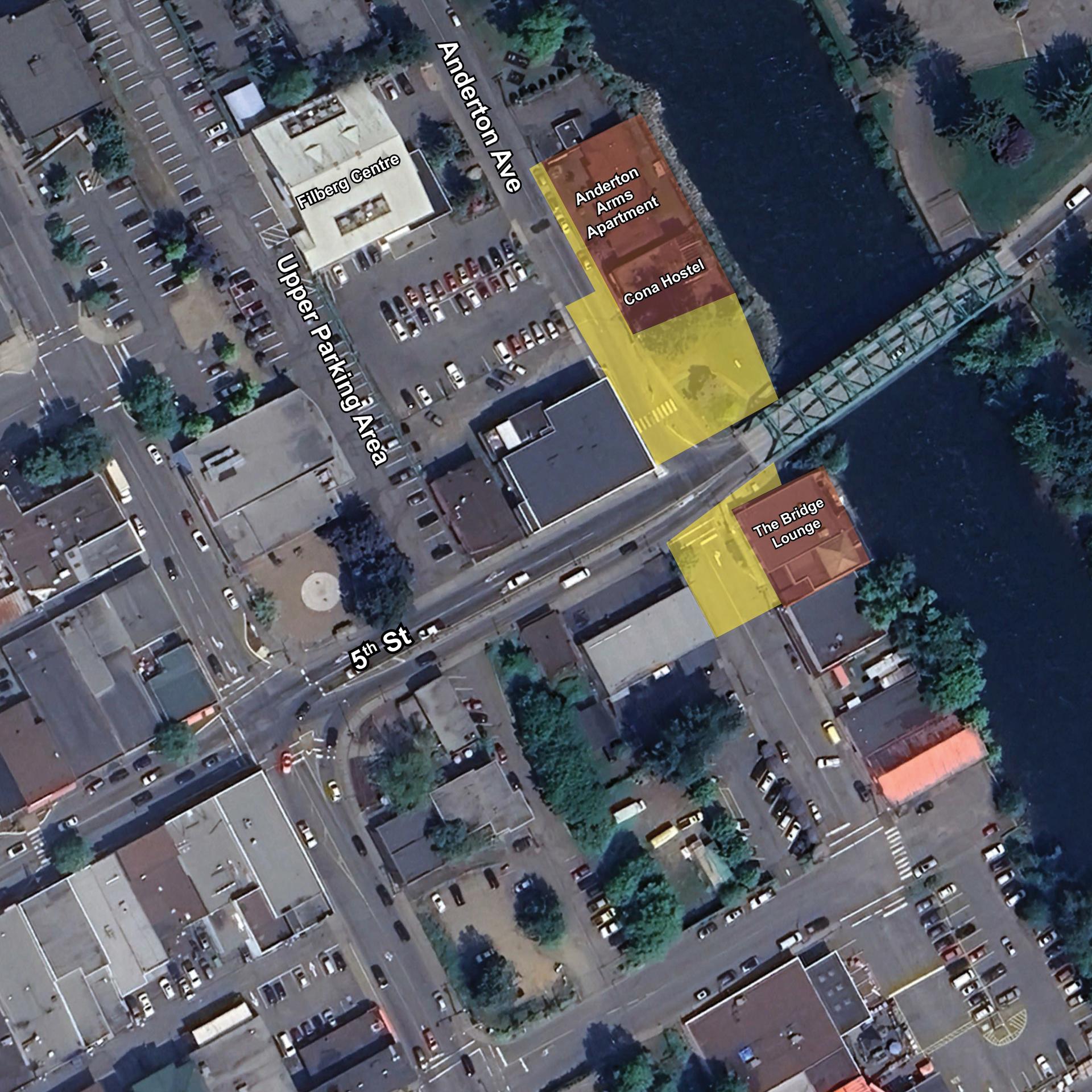 Diagram showing riverfront area to be impacted by demolition of the Anderton Wall, including limited road closures on Anderton Avenue.