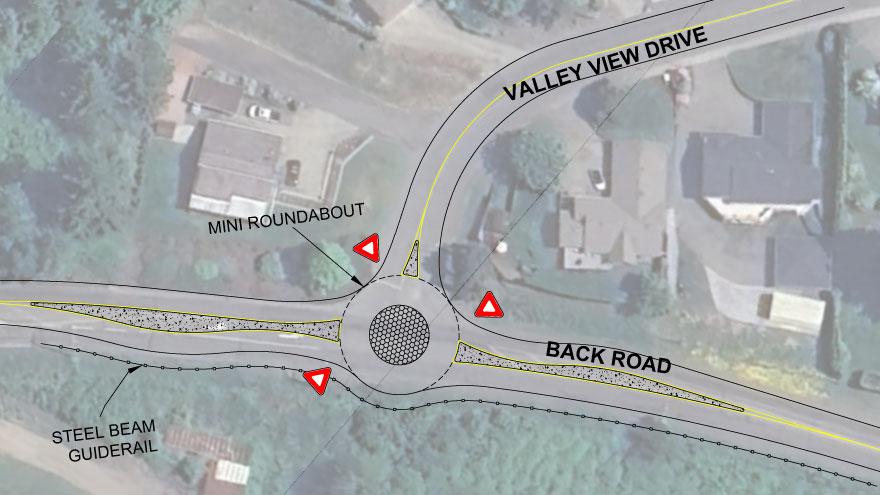 Overhead diagram of the roundabout, median islands and guardrail to be installed at Back Road at Valley View Drive.